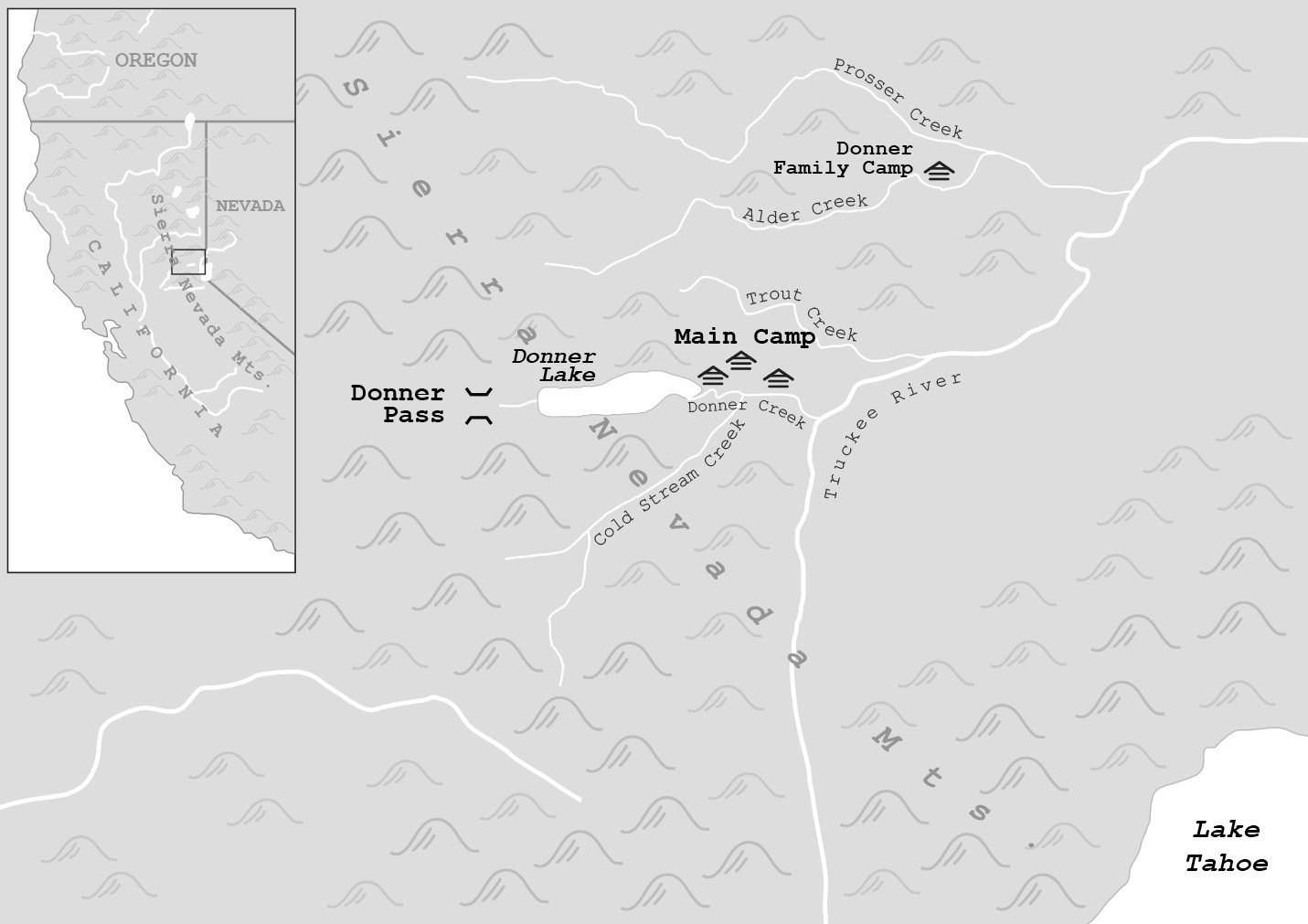 The Donner Party camp in the Sierra Nevada Mountains